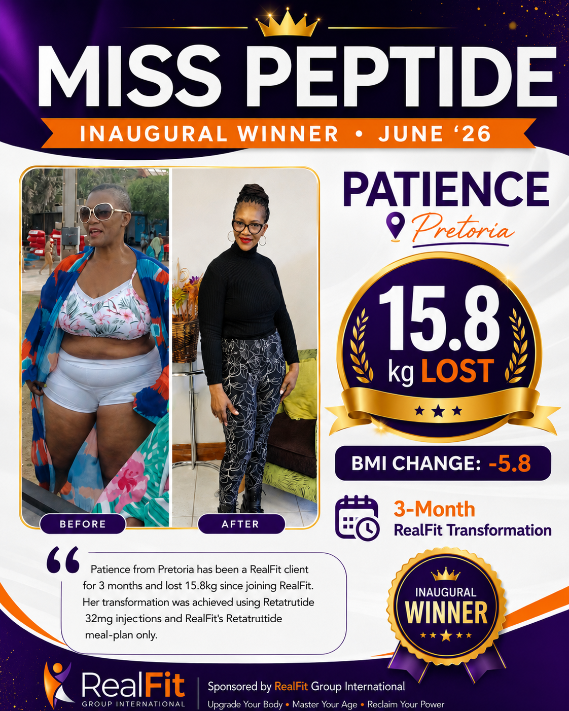 Miss Peptide inaugural winner June 2026 featuring Patience from Pretoria